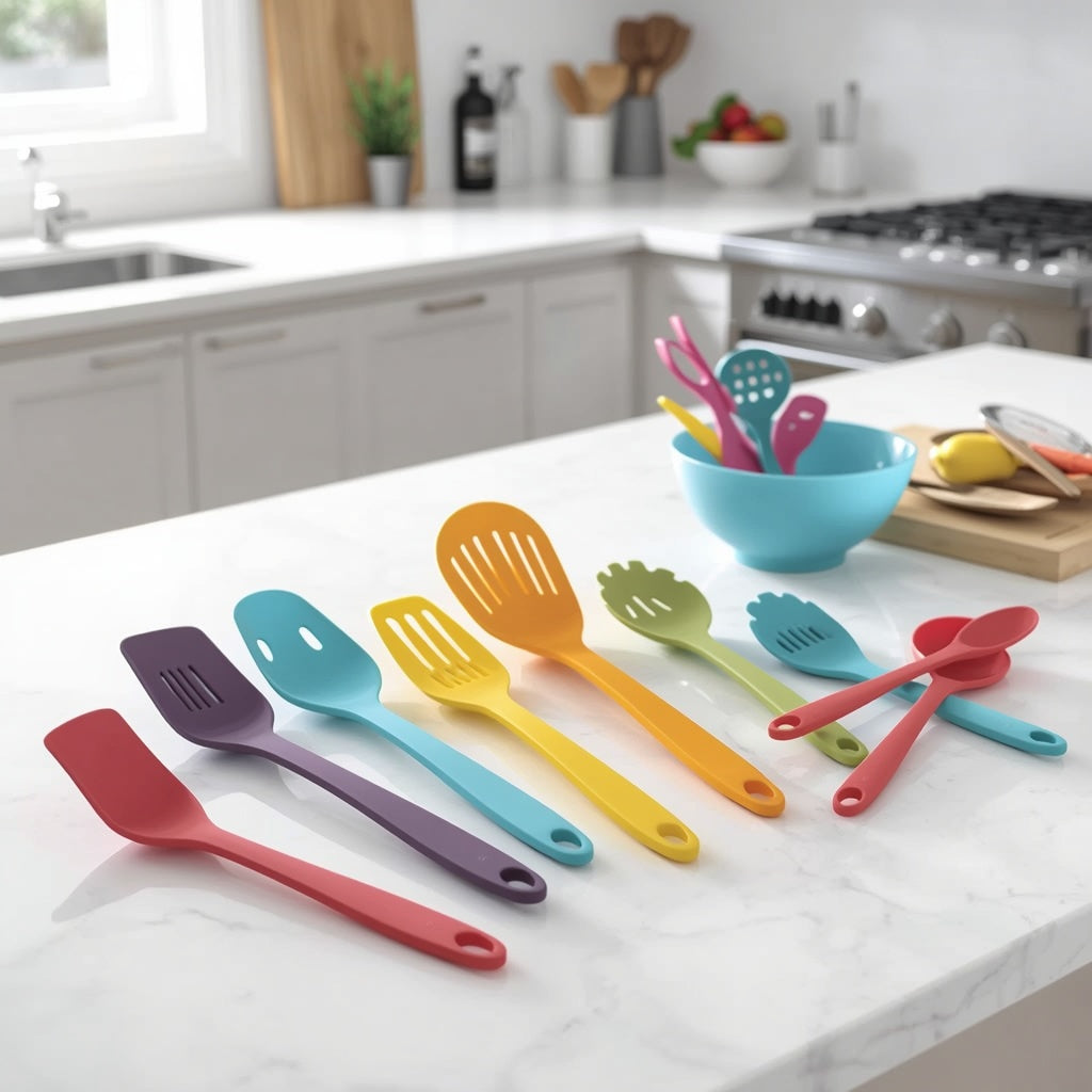 10-piece colorful silicone cooking utensil set on white marble kitchen counter