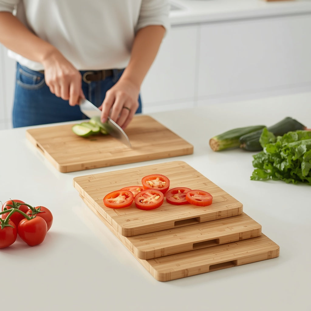 Person slicing vegetables on 3-piece bamboo cutting board set in modern kitchen