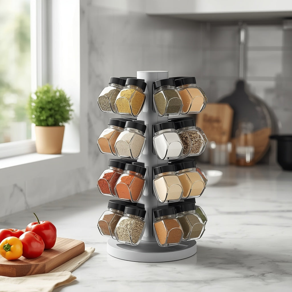 360 degree rotating spice rack organizer on modern kitchen counter