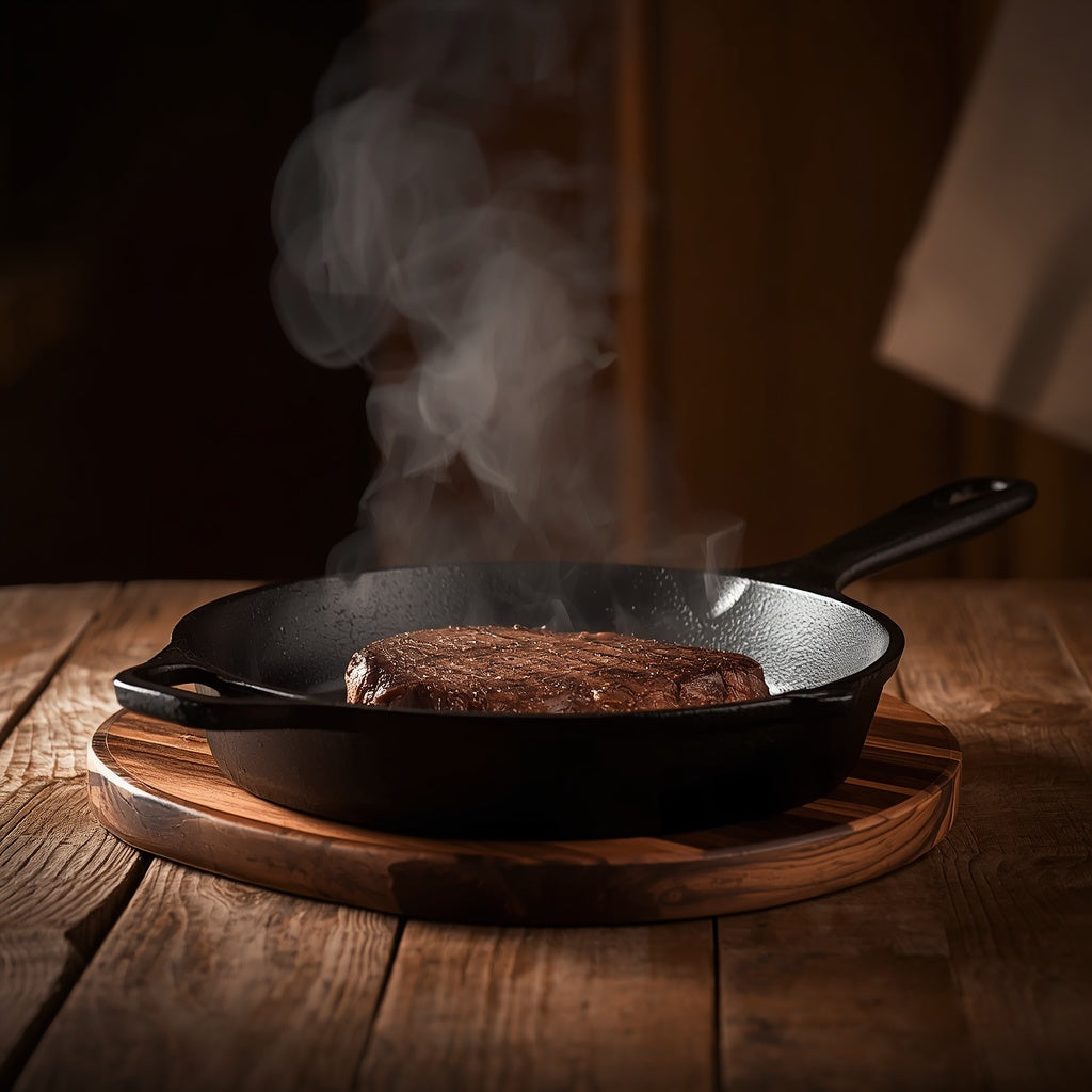 Pre-Seasoned Cast Iron Skillet with sizzling steak on rustic kitchen table