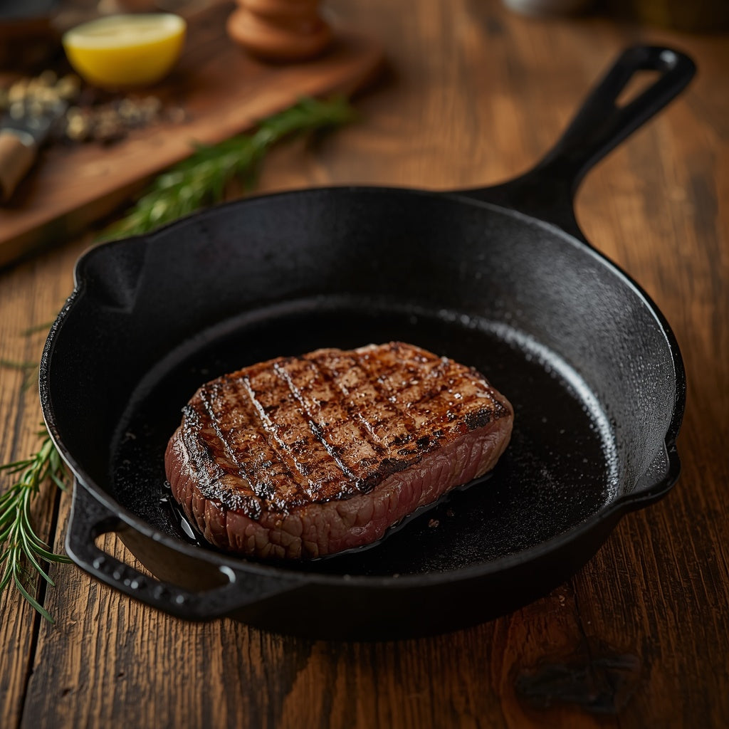 Pre-seasoned cast iron skillet with seared steak on rustic wooden table