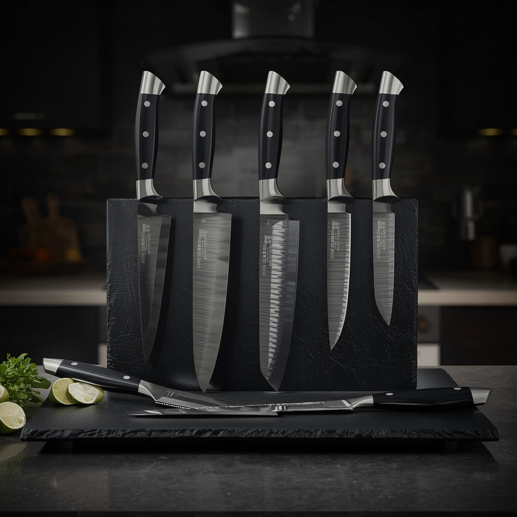 Professional 6-Piece Chef Knife Set on dark slate cutting board