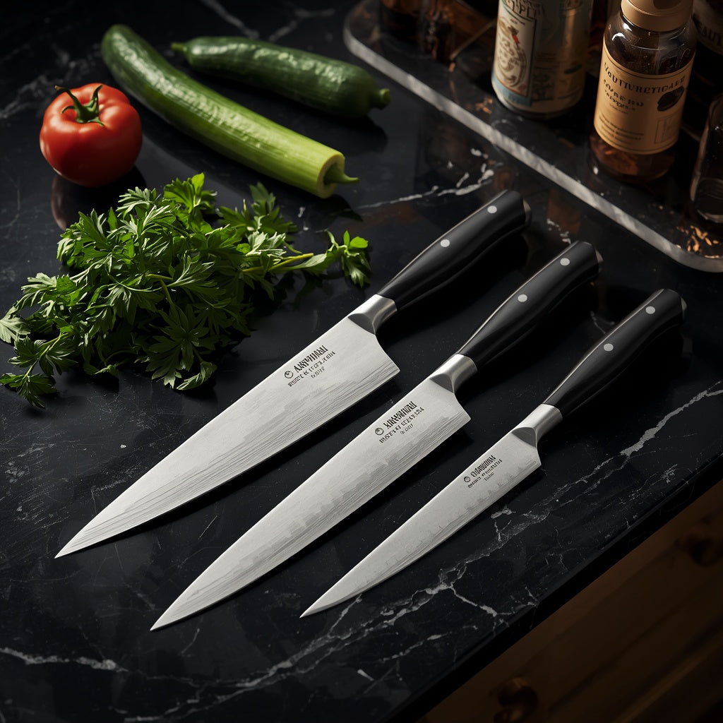 Professional chef knife set on dark marble kitchen counter with fresh herbs