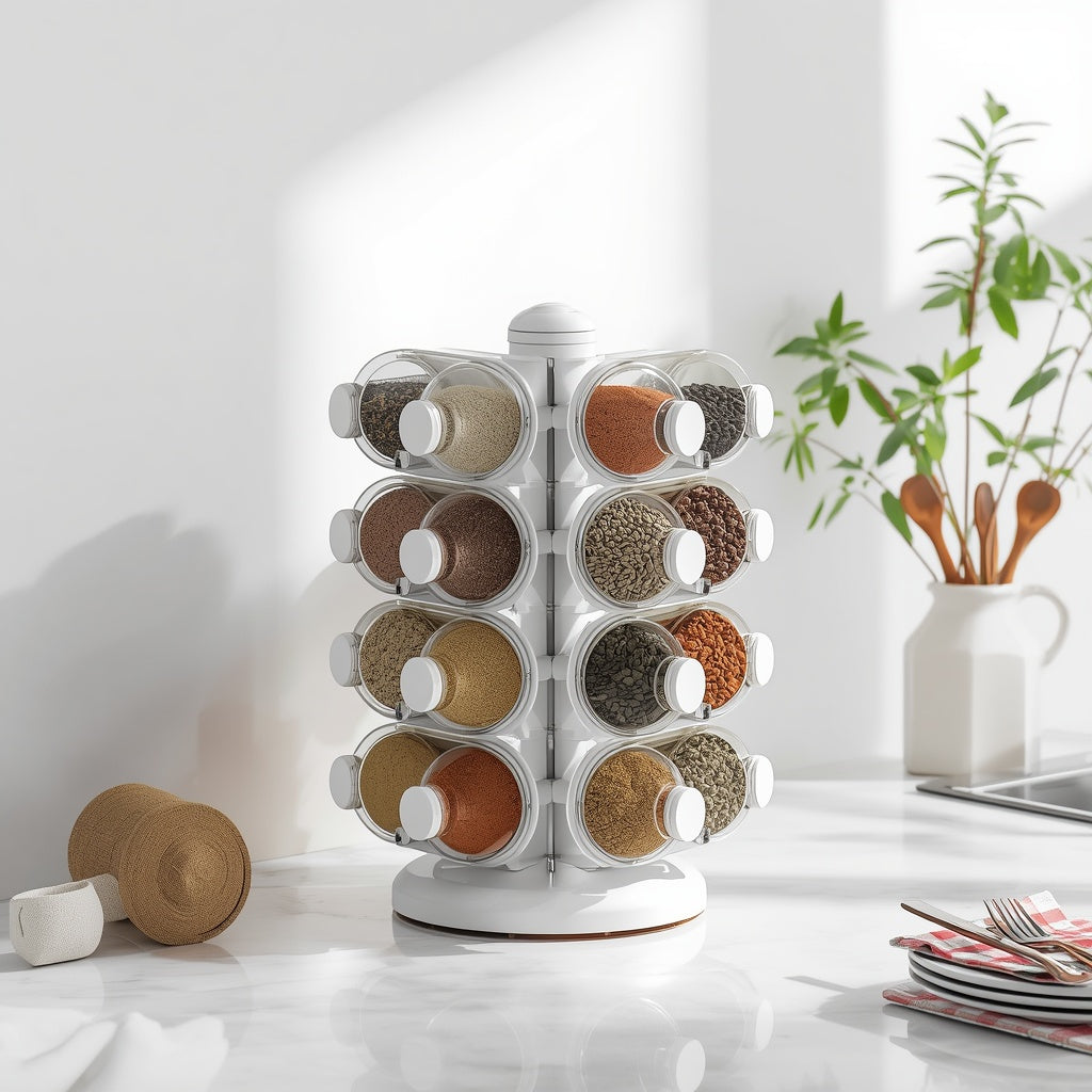 Rotating Countertop Spice Rack Organizer on modern kitchen counter