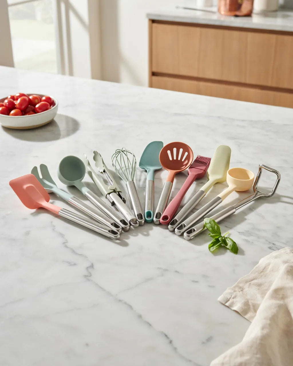Silicone Cooking Utensil Set on marble kitchen counter